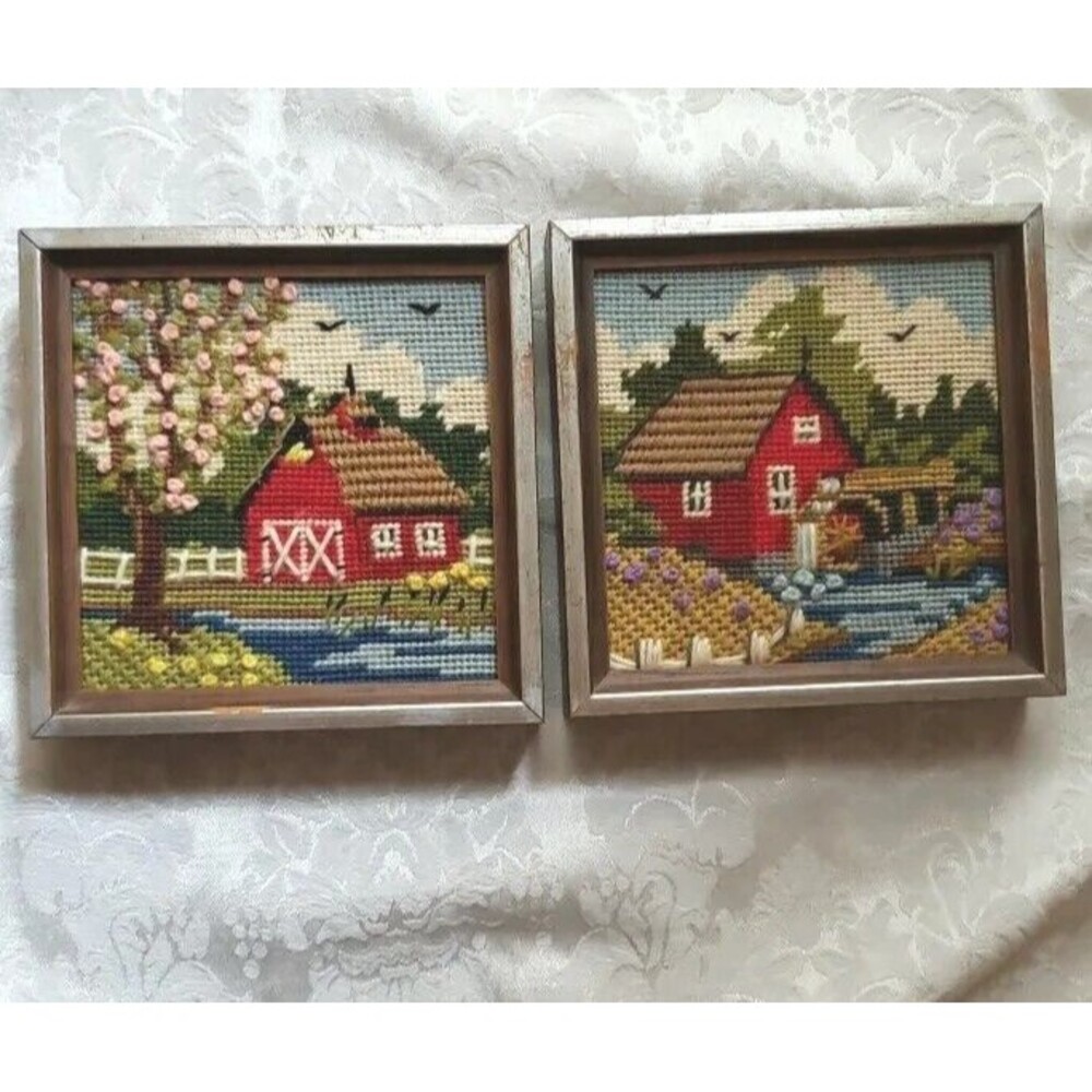 Vintage Jiffy Finished Needlepoint Spring Barn Summer Mill Set 2 Framed Square